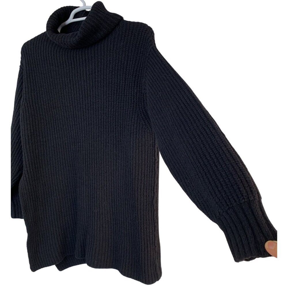 Free People Slouchy Black Rib Mock Neck Sweater Tunic Side Slit Bulky - Picture 4 of 7
